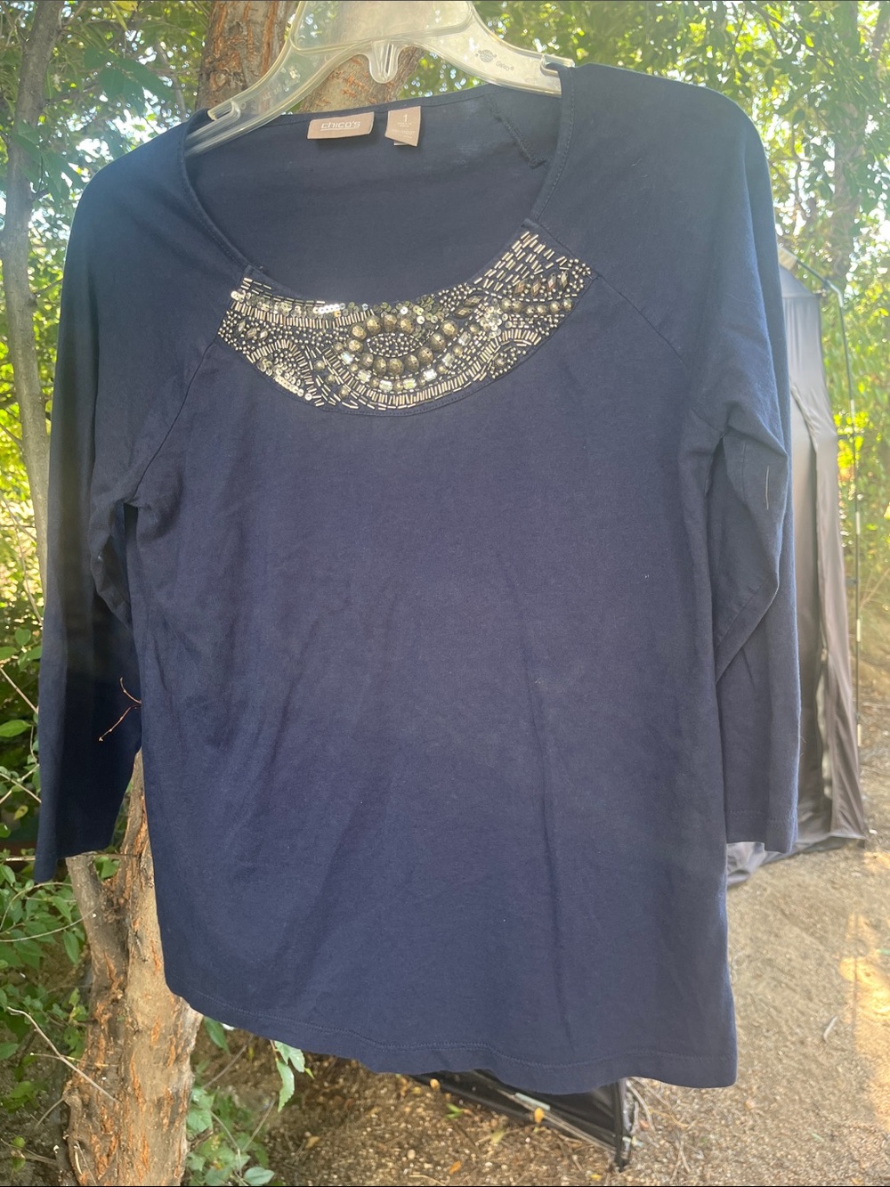 Chico's Navy Long-Sleeve Top with Beaded Scoop Neck